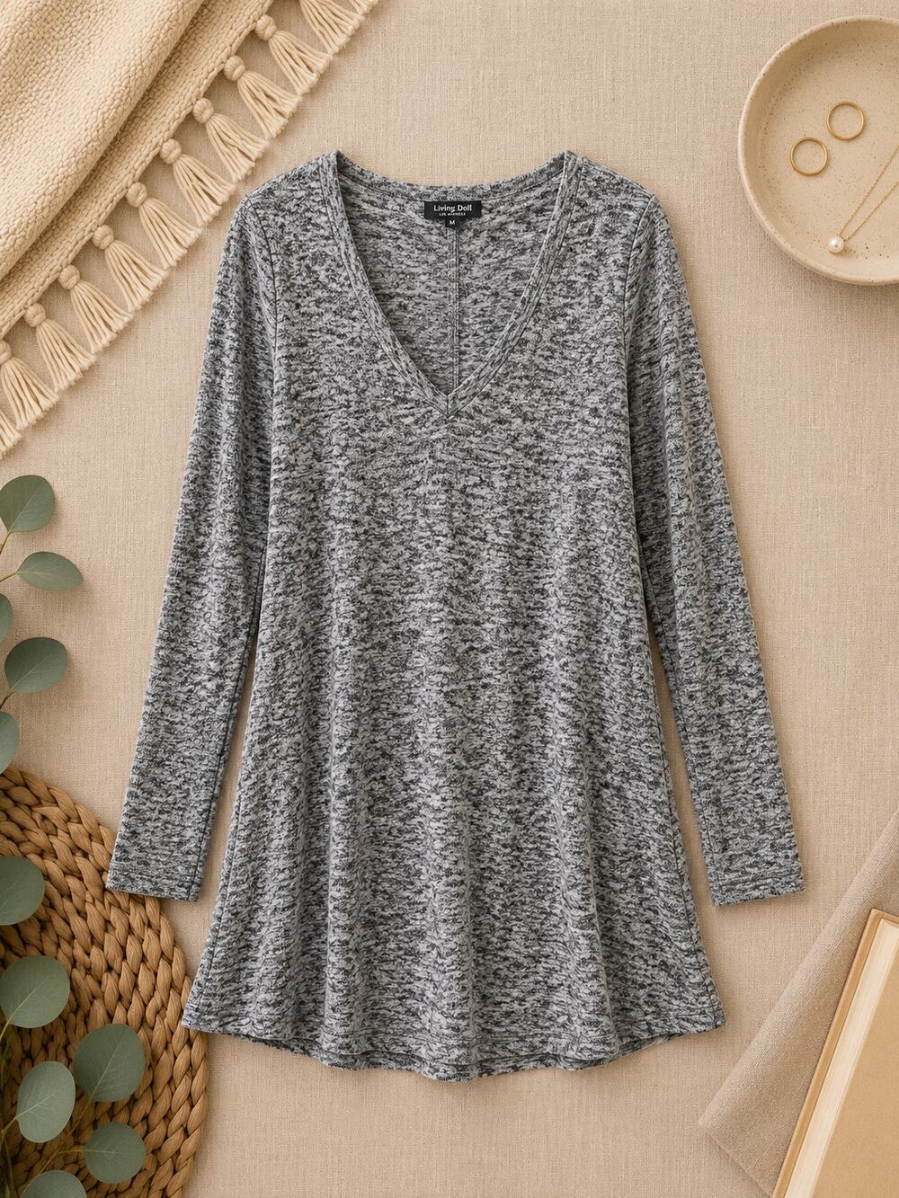Express Women's Space Dye V-Neck Swing Dress Gray Black Long Sleeve Size M